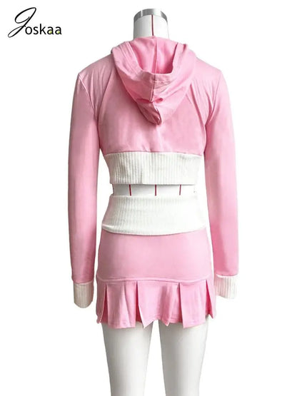 Women's Long Sleeve Zip Hooded Pleated Two Piece Set Black – Detail View