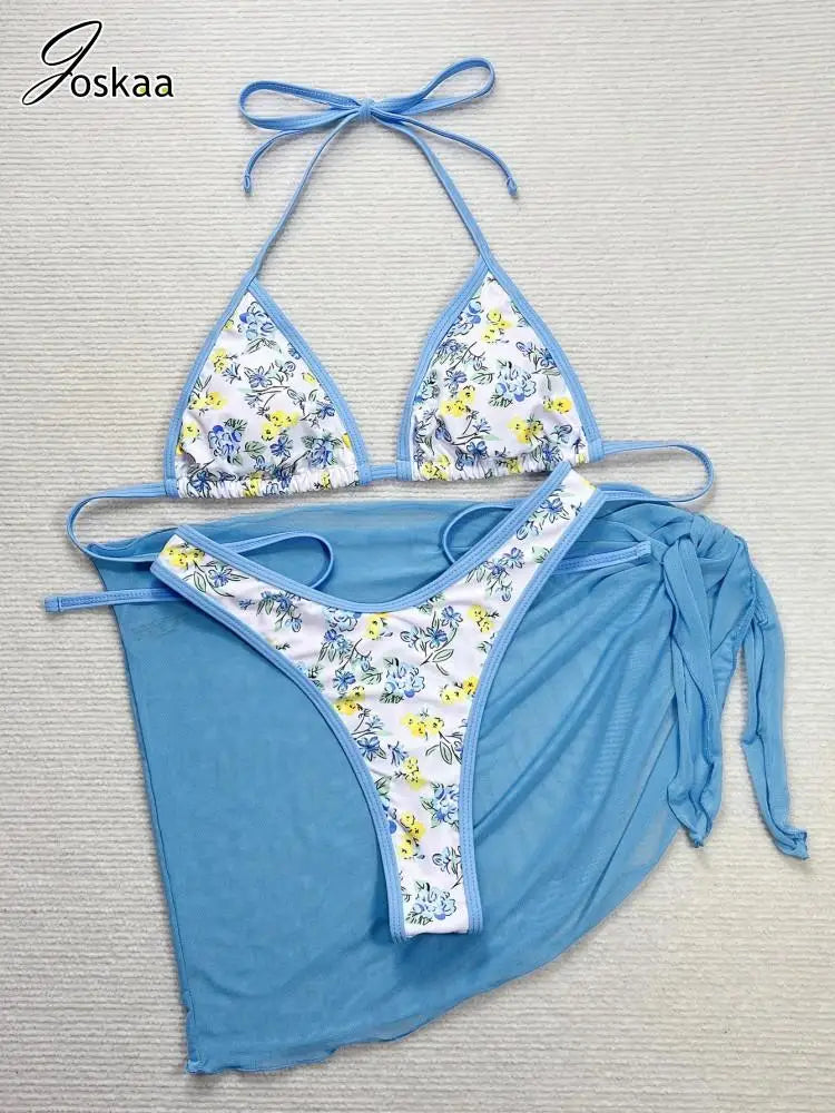 Women's Mesh Halter Swimwear Three-piece Bikini Set Flower Color – Side View