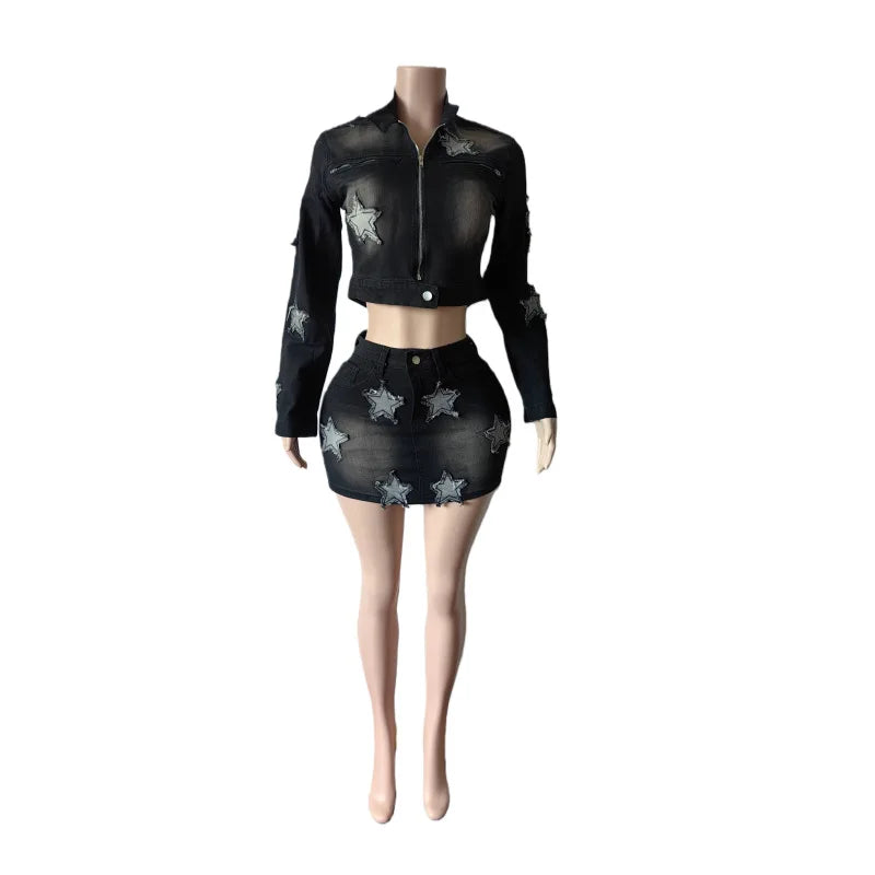 Women's Denim Print Zip Up Long Sleeve High Waist Two Piece Set - Additional View 7