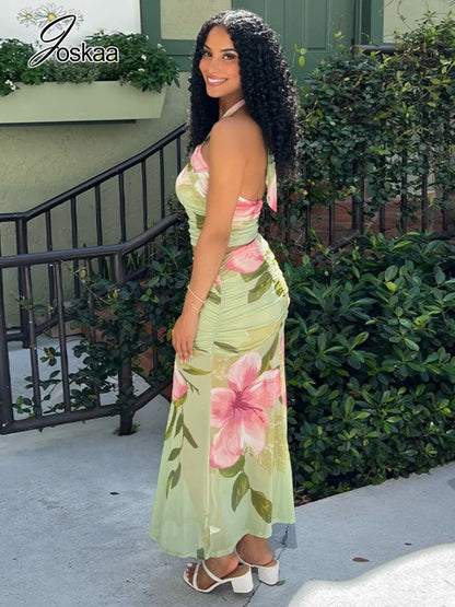 Women's Floral Print Mesh Ruched Two Piece Set Colorful – Front View