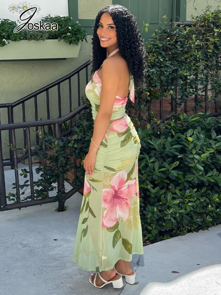 Women's Floral Print Mesh Ruched Two Piece Set Colorful – Front View
