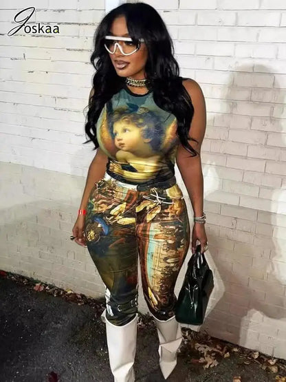 Women's Crop Bodycon Vintage Oil Painting Two Piece Set Caramel – Back View