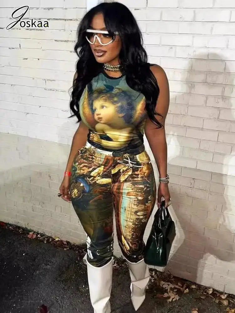 Women's Crop Bodycon Vintage Oil Painting Two Piece Set Caramel – Back View