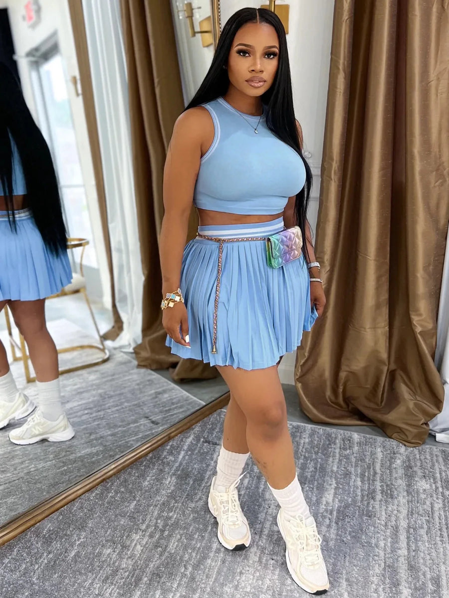 Women's Stripe Crop Mini Pleated Two Piece Set