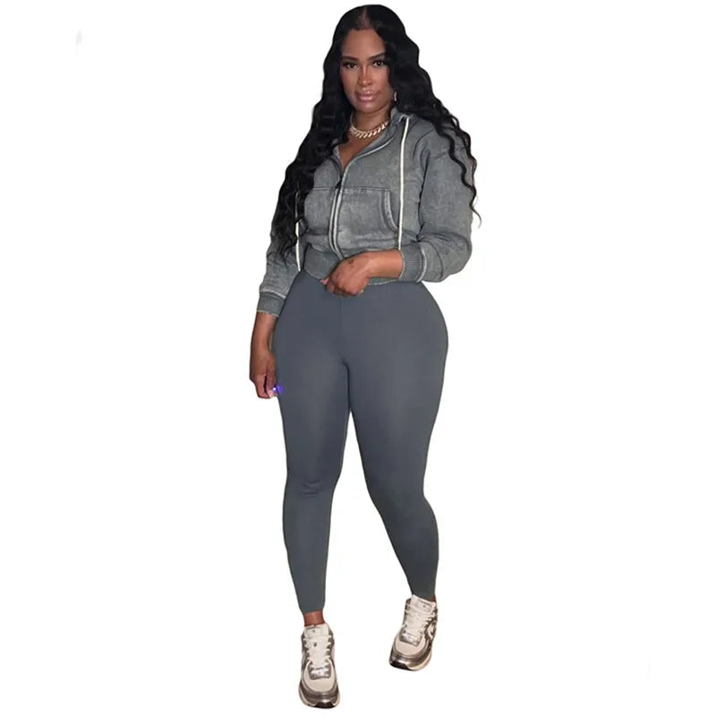 Women's Long Sleeve Zip Hooded Two Piece Set