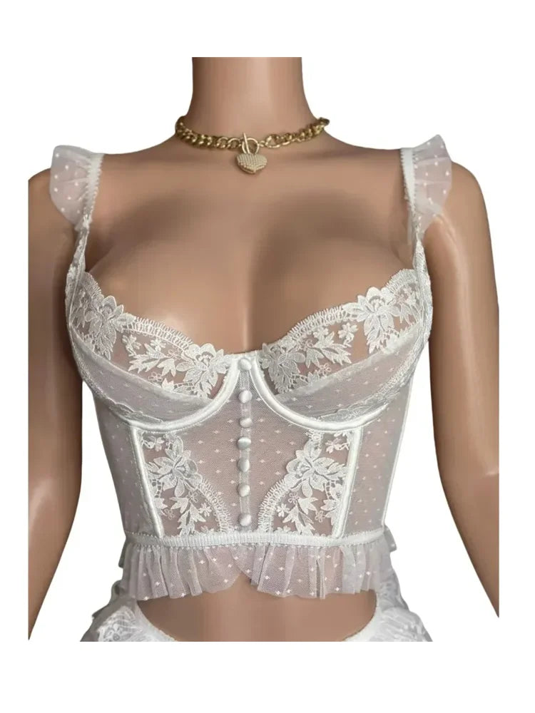 Women's Lace Mini Embroidery Strap Tank Two Piece Set white skirt – Side View