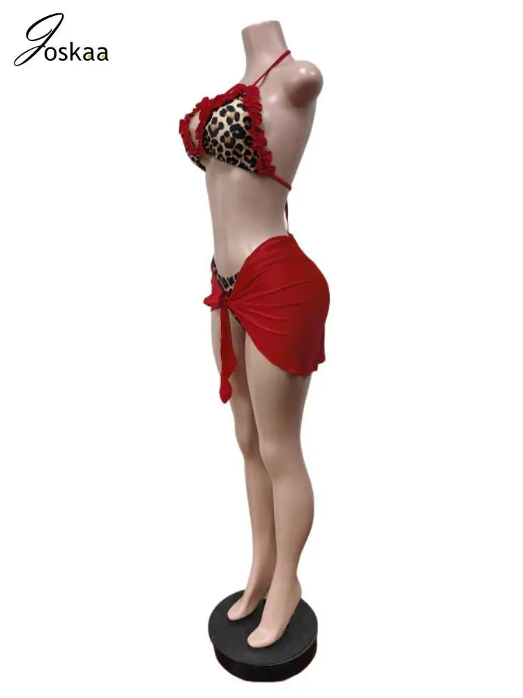 Women's Leopard Print Halter Mini Bikini Set Red – Front View