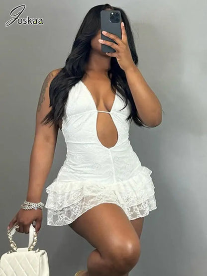 Women's Lace Backless Halter Bodycon Mini Dress White – Front View