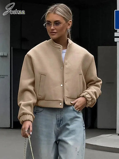 Women's Long Sleeve Bomber Warm Wool Jacket Khaki – Front View