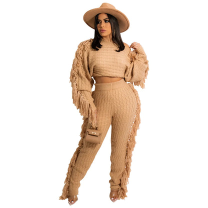 Women's Knit Long Sleeve Crop Two Piece Set