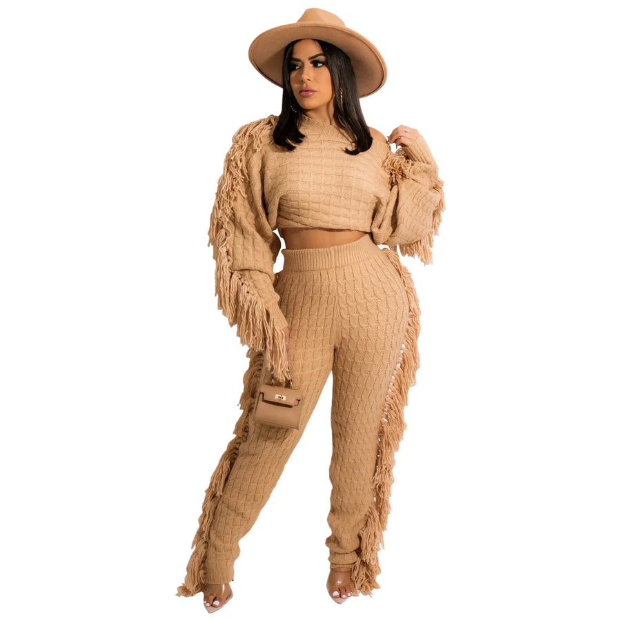Women's Knit Long Sleeve Crop Two Piece Set