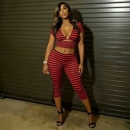 Women's Stripe Short Sleeve Crop Two Piece Set