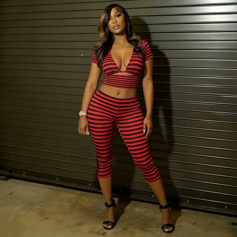 Women's Stripe Short Sleeve Crop Two Piece Set