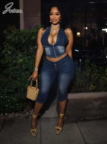 Women's Denim Halter Crop Zip Two Piece Set – Women's Fashion Wholesale – Front View