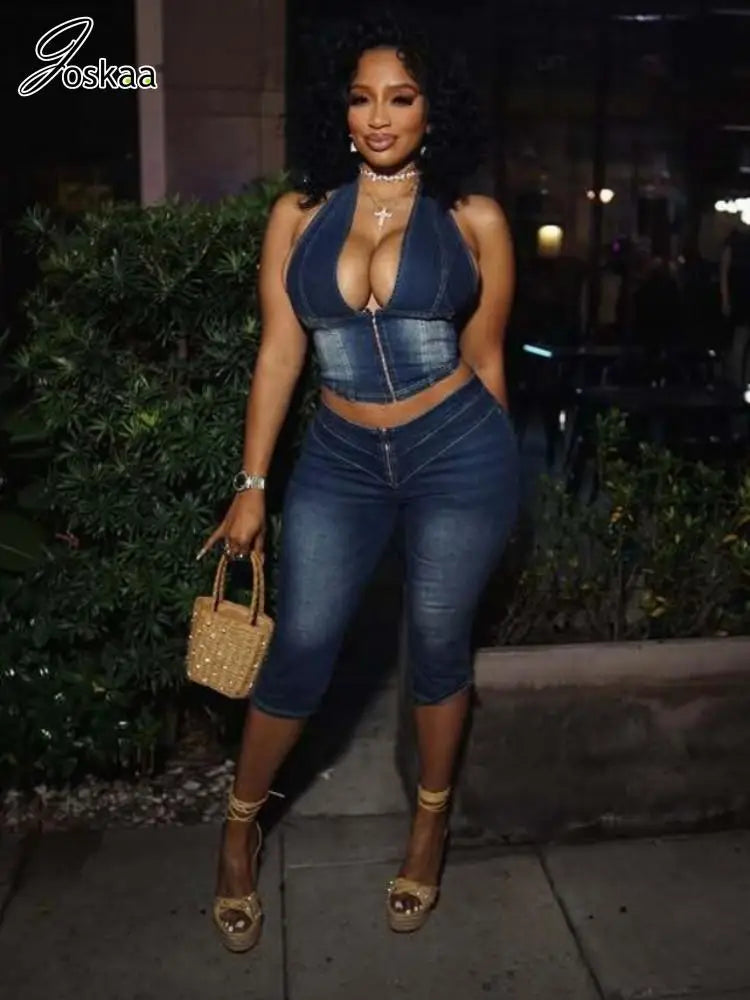 Women's Denim Halter Crop Zip Two Piece Set – Women's Fashion Wholesale – Front View