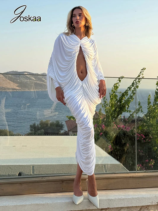Women's Ruched Backless Cutout Maxi Dress White – Front View
