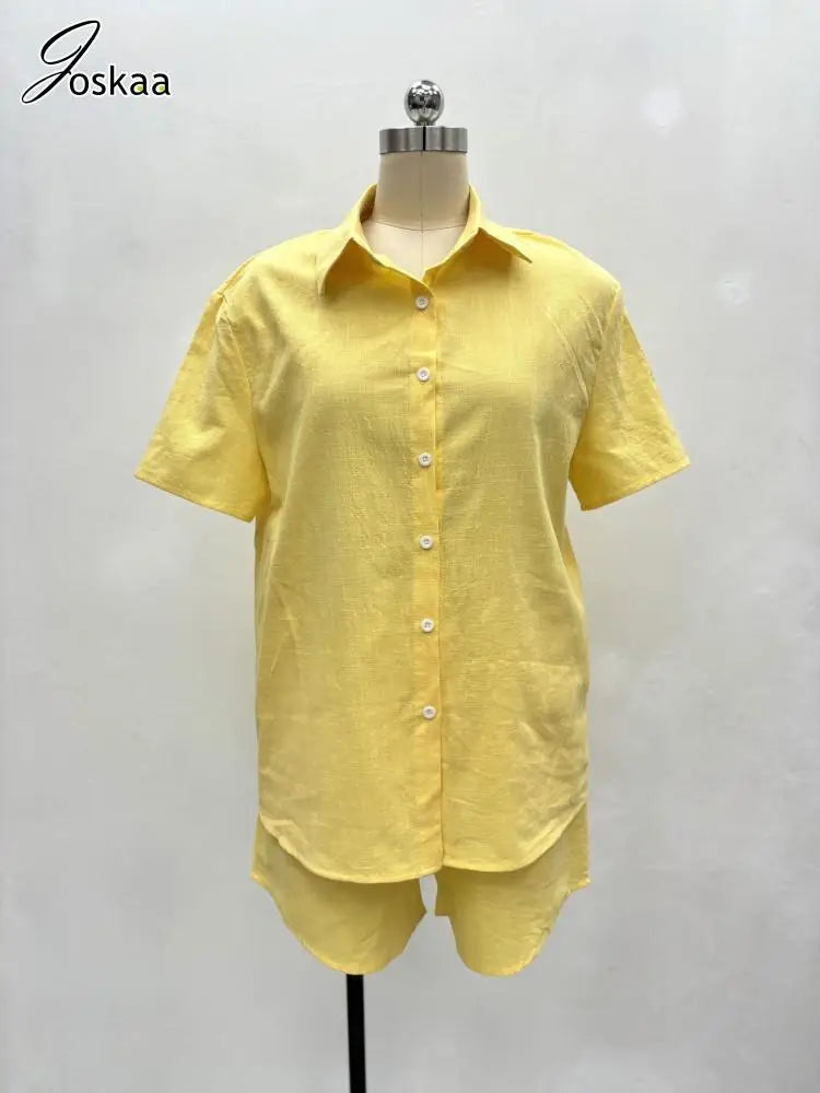 Women's Short Sleeve Yellow Lapel Button Two Piece Set Yellow – Back View