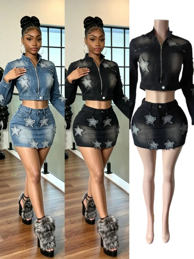 Women's Denim Print Zip Up Long Sleeve High Waist Two Piece Set - Additional View 8