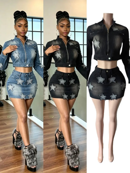Women's Denim Print Zip Up Long Sleeve High Waist Two Piece Set - Additional View 8
