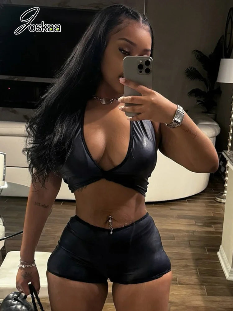 Women's Ruched Halter Crop Two Piece Set Dark Green – Side View