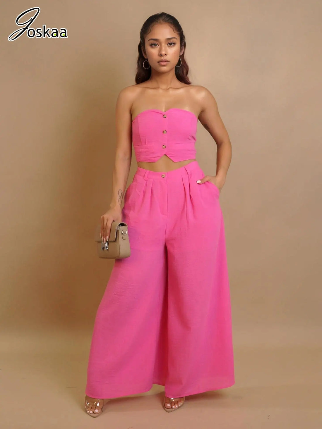Women's Strapless Flare Wide Leg Two Piece Set – Women's Fashion Wholesale – Front View