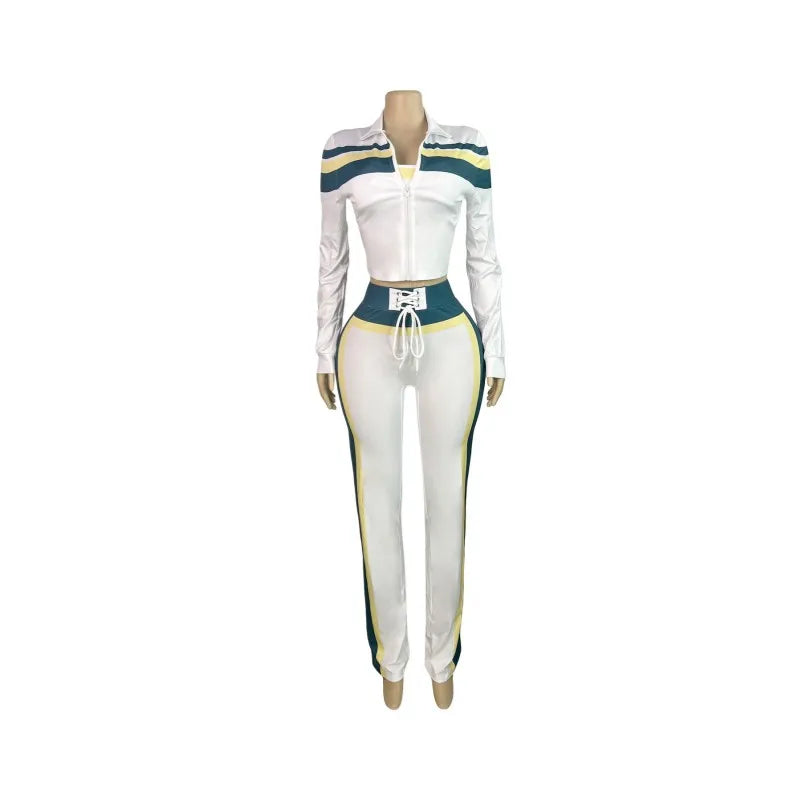 Women's Long Sleeve Sporty Patchwork Top Two Piece Set