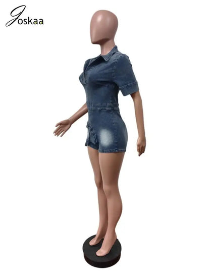 Women's Denim Short Sleeve Bodycon Romper Blue – Back View