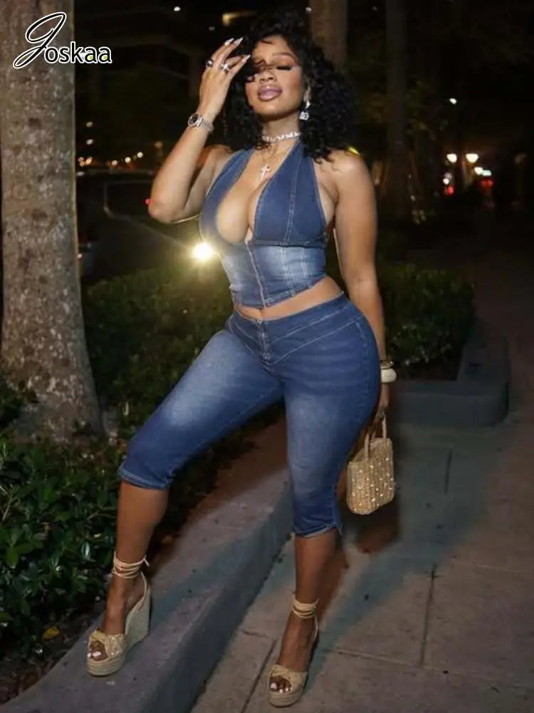 Women's Denim Halter Crop Zip Two Piece Set Sky Blue – Front View