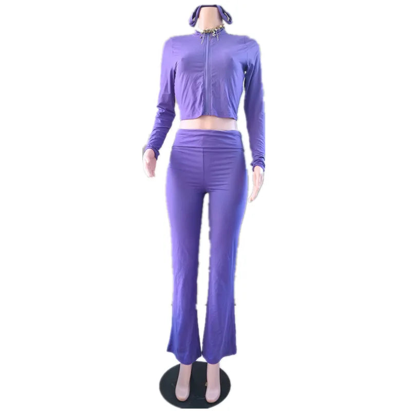 Women's Long Sleeve Crop Zip Two Piece Set
