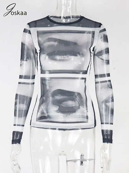 Women's Mesh Long Sleeve Abstract Sheer Top Black Gray – Back View