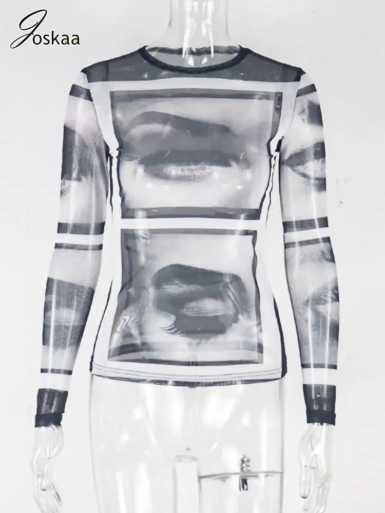 Women's Mesh Long Sleeve Abstract Sheer Top Black Gray – Back View