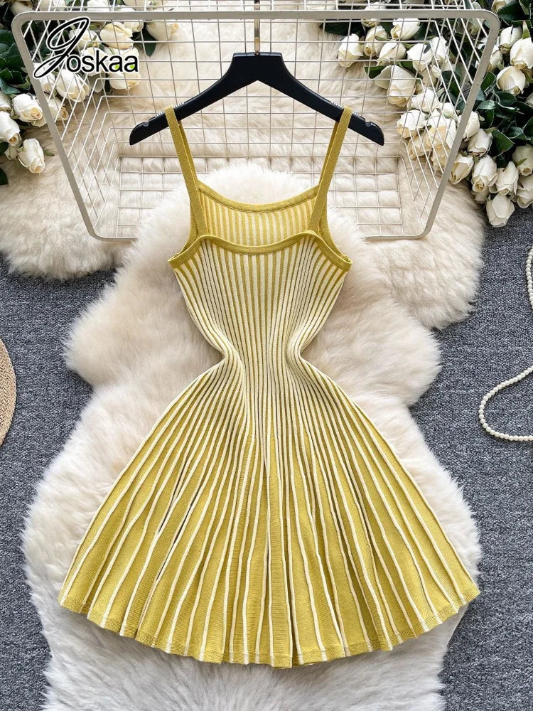 Women's Stripe Knit Sleeveless Ribbed Pleated Dress Gray – Side View