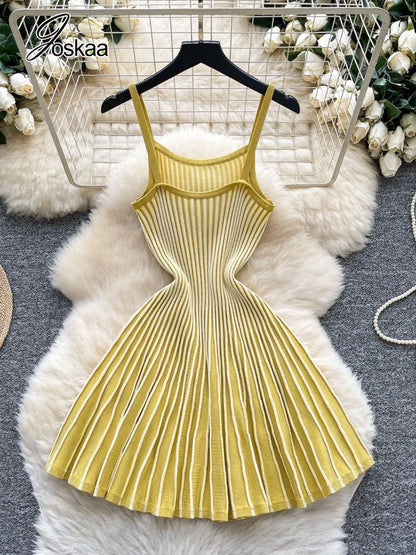 Women's Stripe Knit Sleeveless Ribbed Pleated Dress Gray – Side View