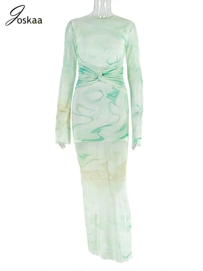 Women's Stripe Ruched Long Sleeve Maxi Dress Green – Back View