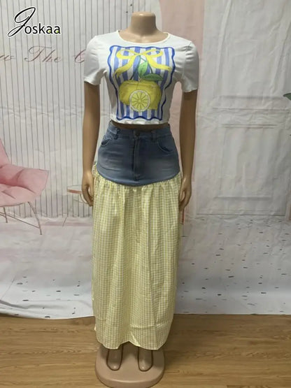 Women's Denim Short Sleeve Crop Two Piece Set Pink – Detail View
