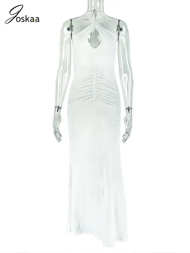 Women's Ruched Backless Halter Maxi Dress White – Back View