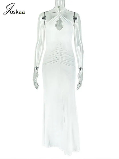 Women's Ruched Backless Halter Maxi Dress White – Back View