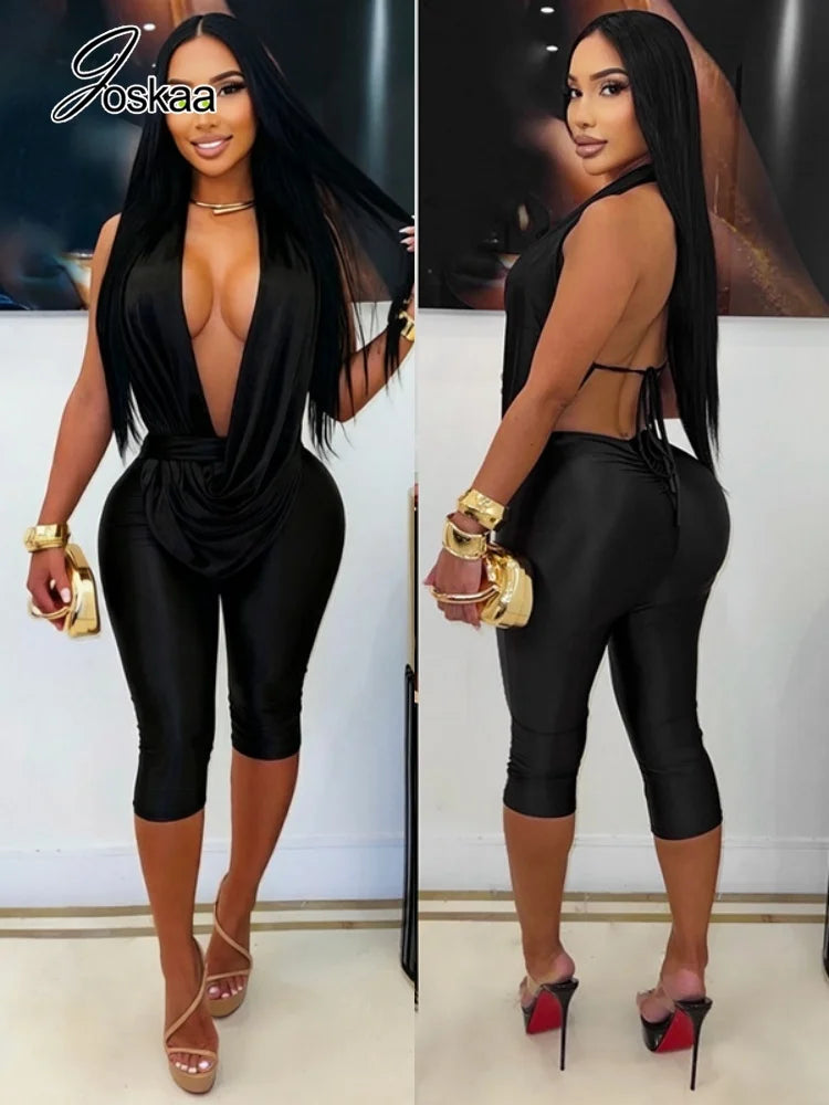 Women's V-neck Halter Sleeveless Bodycon Romper 7821 - Front View