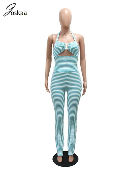 Women's Stripe Cutout Halter Two Piece Set Light Blue – Back View