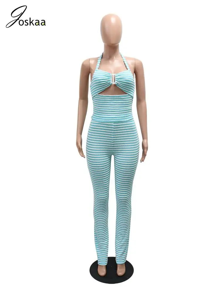 Women's Stripe Cutout Halter Two Piece Set Light Blue – Back View