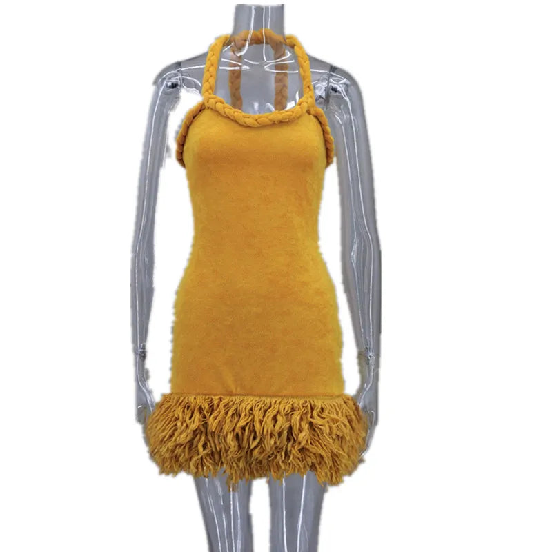 Women's Halter Bodycon Elegant Fluff Patchwork Mini Dress