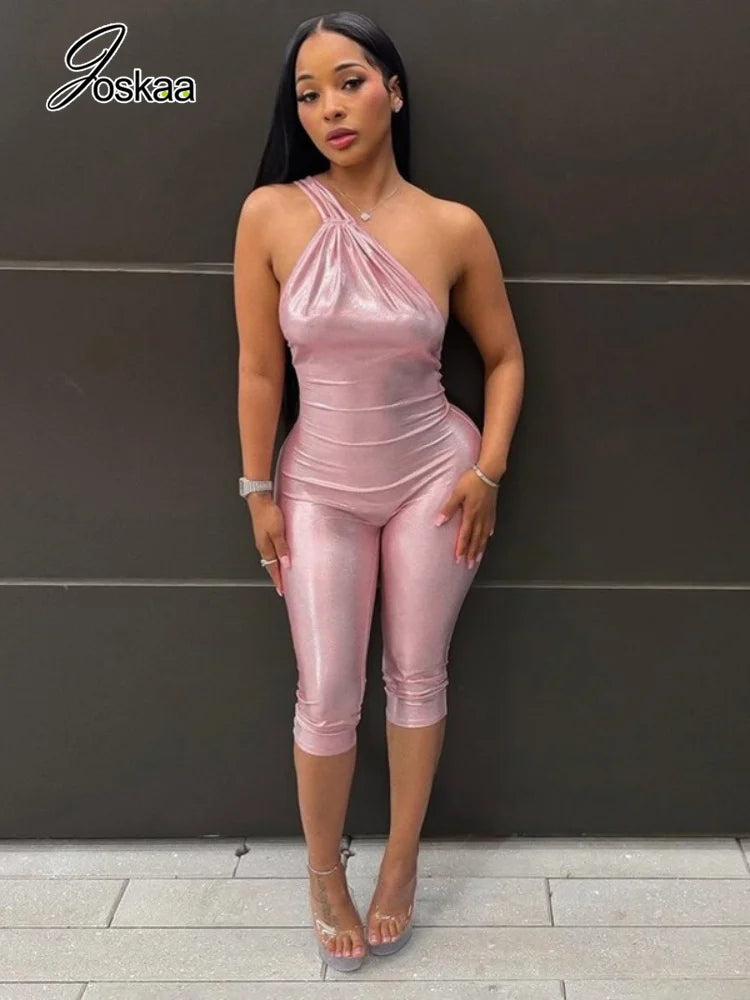 Women's Ruched Backless Sleeveless Romper Pink – Front View