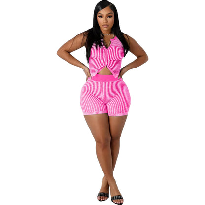Women's Stripe Knit Crop Ribbed Zip Two Bikini Set