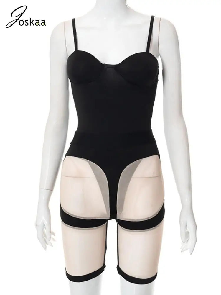 Women's Mesh Spaghetti Strap Black Two Piece Set Black Shorts Set – Back View