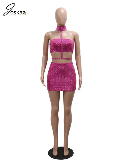 Women's Rhinestone Cutout Halter Two Piece Set Silver – Back View