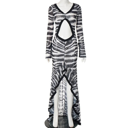 Women's Zebra Print Stripe Cutout Maxi Dress