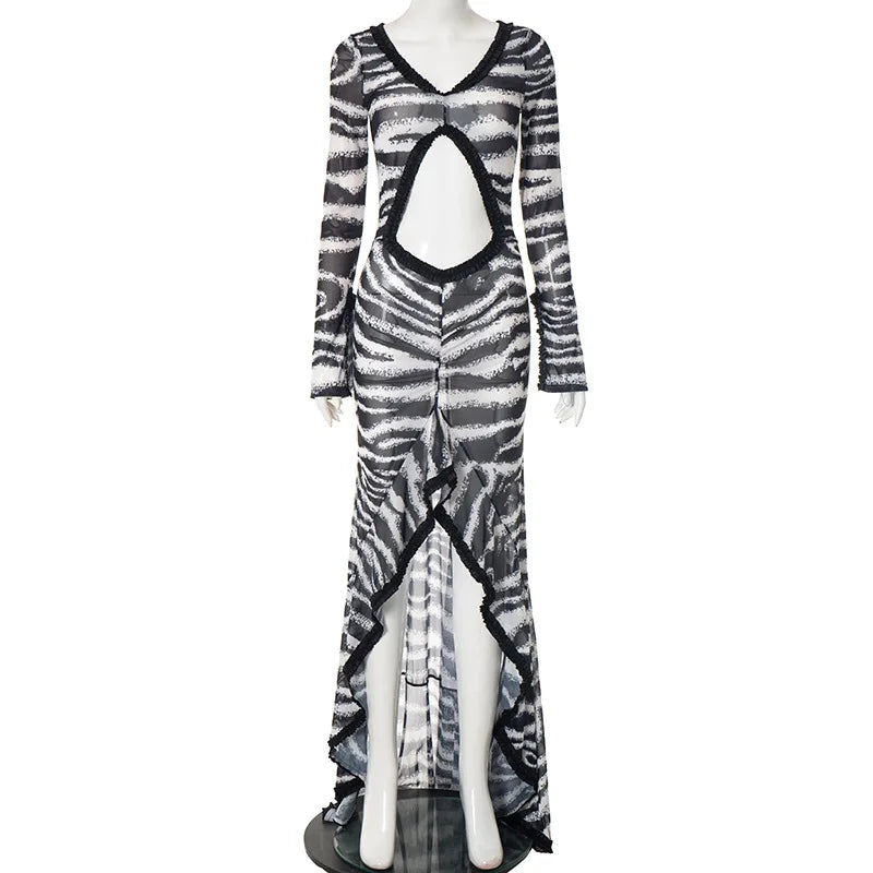 Women's Zebra Print Stripe Cutout Maxi Dress