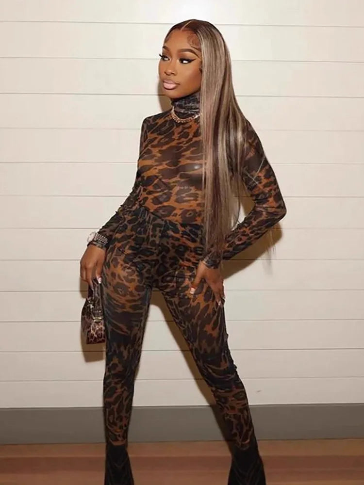 Women's Leopard Print Mesh Long Sleeve Romper – Women's Fashion Wholesale – Front View