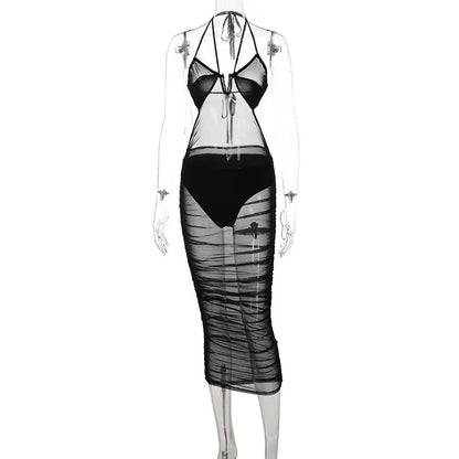 Women's Mesh Backless Halter Black Body-shaping Vestidos Dress