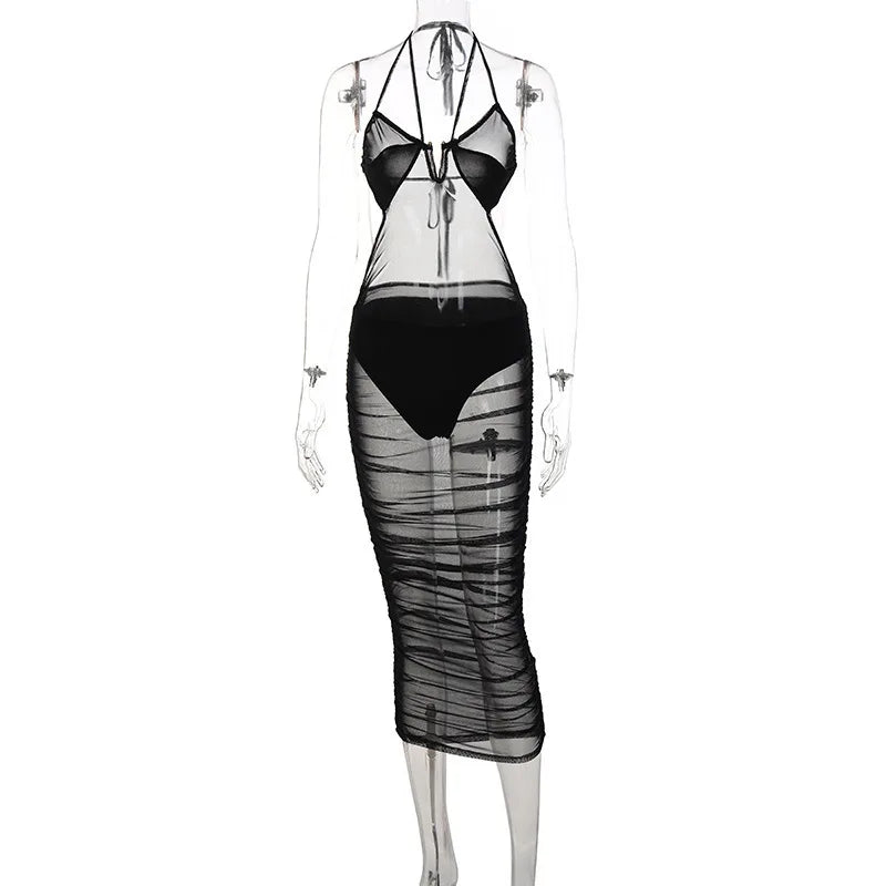 Women's Mesh Backless Halter Black Body-shaping Vestidos Dress